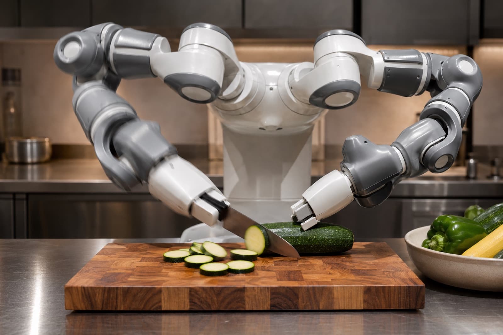 A bimanual robot slicing a courgette on a kitchen worktop
